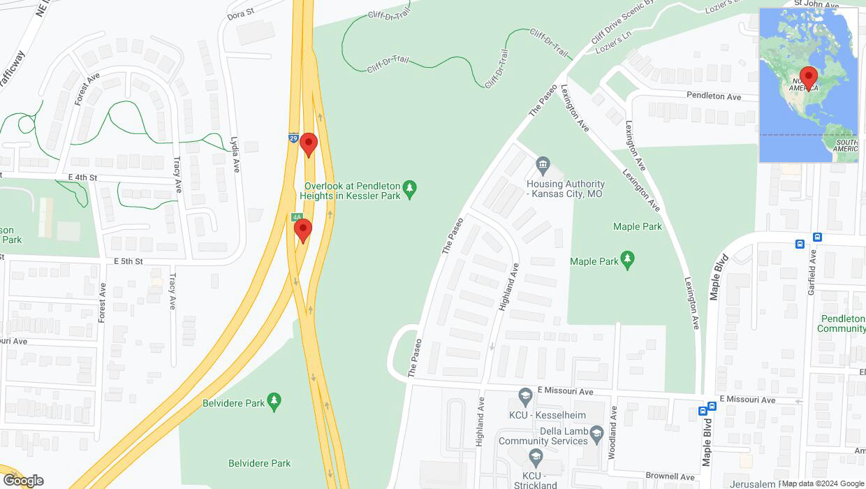 A detailed map that shows the affected road due to 'Broken down vehicle on northbound I-35 in Kansas City' on July 25th at 5:14 p.m.