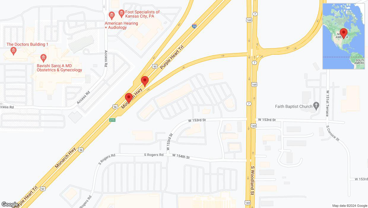 A detailed map that shows the affected road due to 'Broken down vehicle on eastbound I-35 in Olathe' on July 25th at 6:02 p.m.