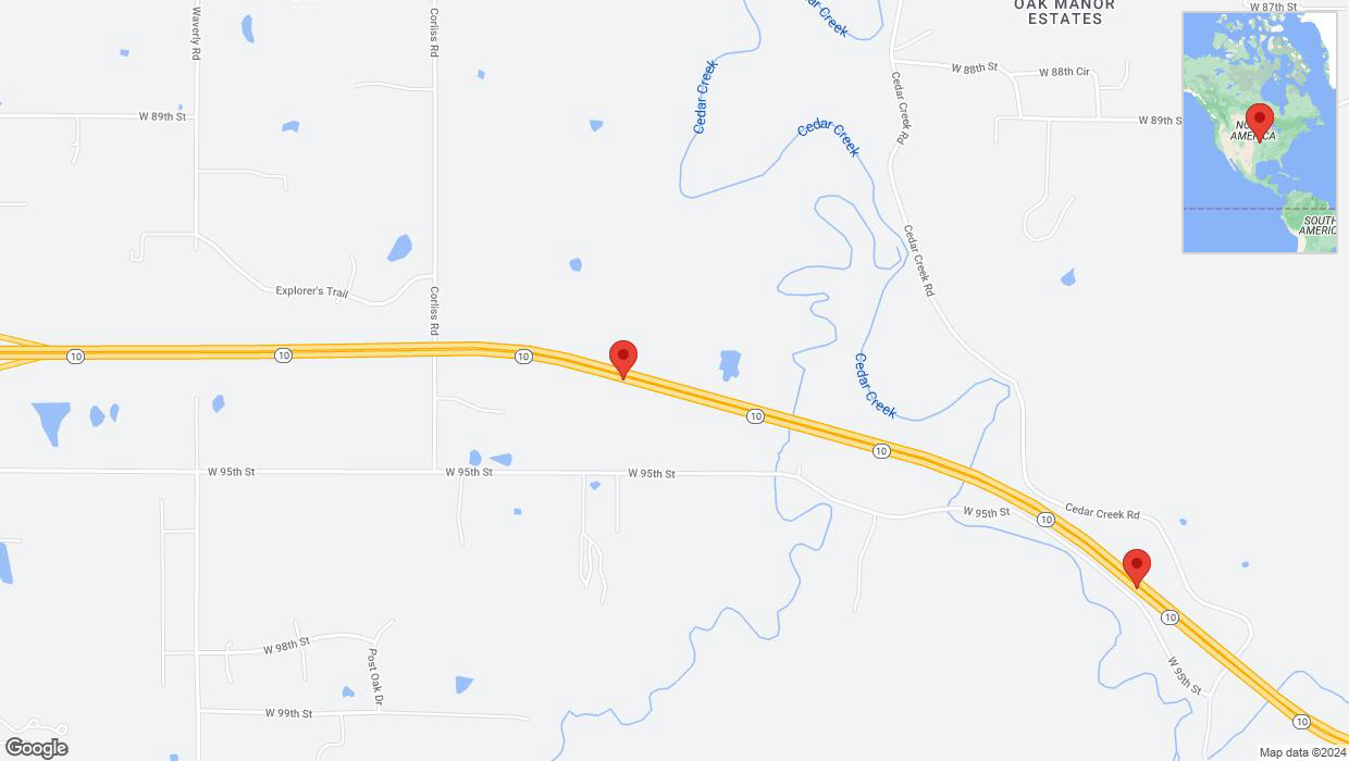 A detailed map that shows the affected road due to 'Lane on K-10 closed in De Soto' on July 26th at 11:21 p.m.