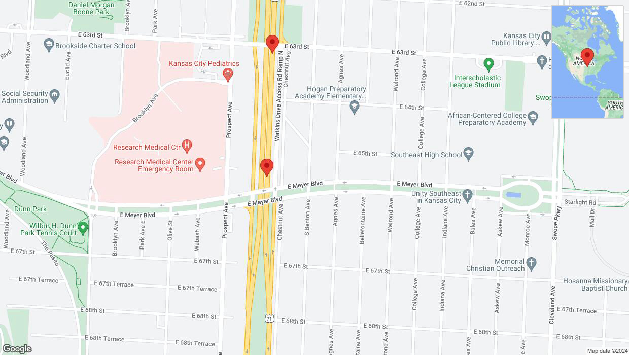A detailed map that shows the affected road due to 'Broken down vehicle on northbound the Bruce R Watkins Expressway/US-71 in Kansas City' on July 26th at 7:59 p.m.
