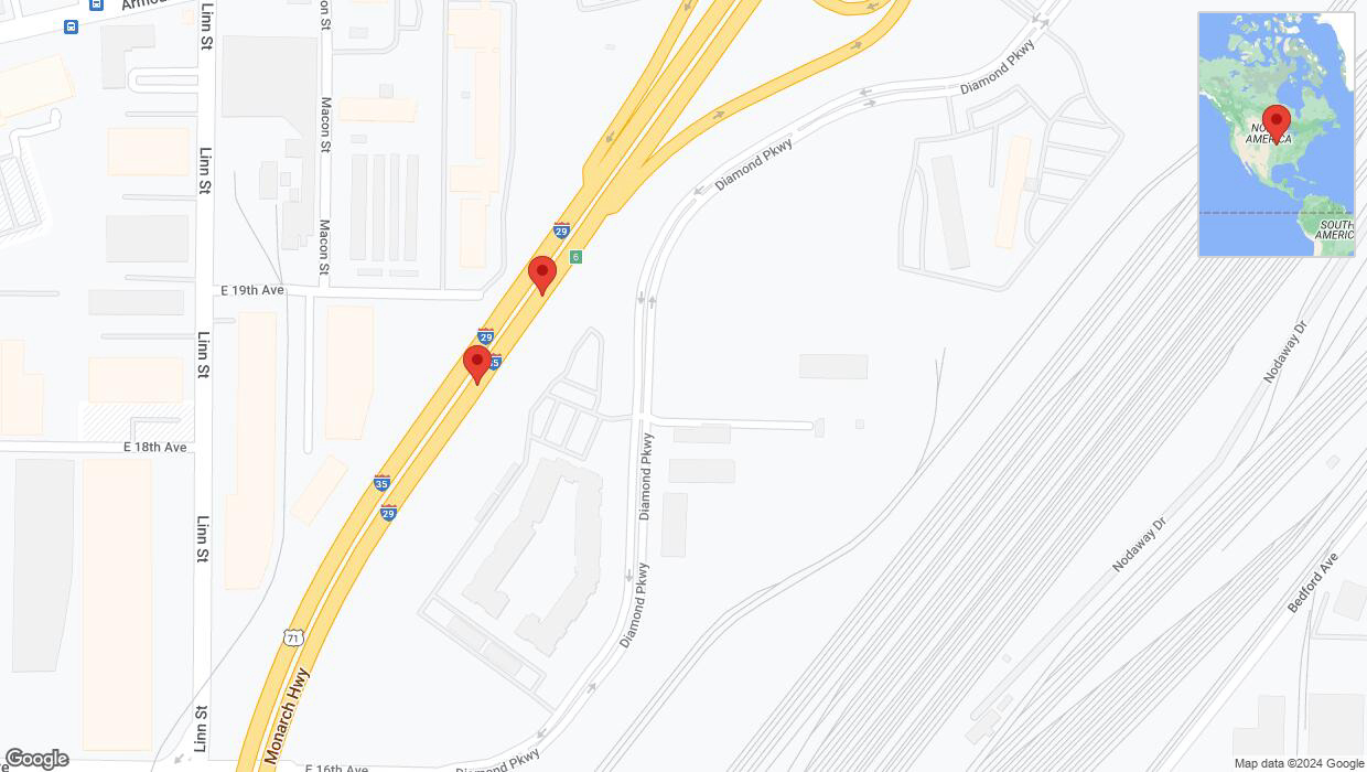 A detailed map that shows the affected road due to 'Broken down vehicle on northbound I-29/I-35 in North Kansas City' on July 27th at 3:21 p.m.
