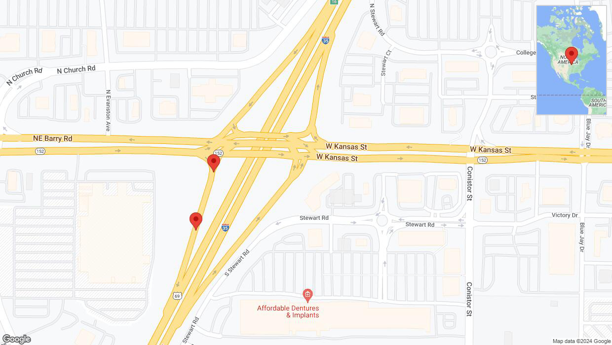 A detailed map that shows the affected road due to 'Broken down vehicle on I-35 South in Liberty' on July 27th at 3:09 p.m.