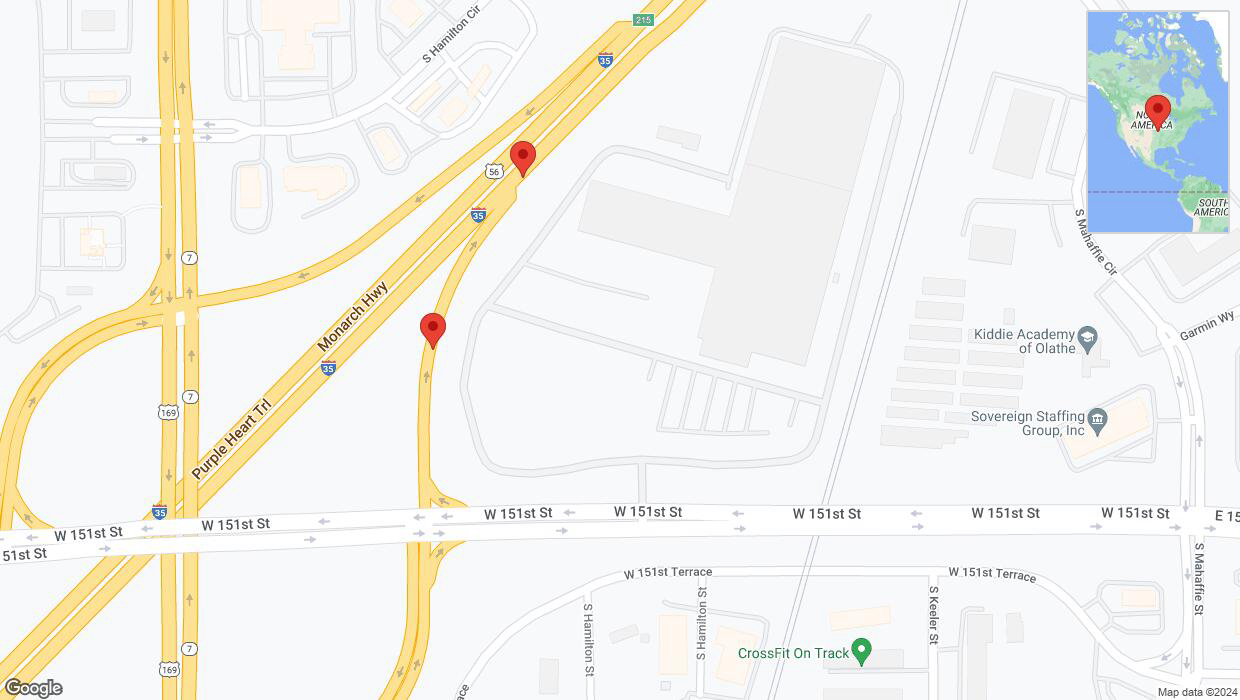 A detailed map that shows the affected road due to 'Broken down vehicle on northbound US-169 North in Olathe' on July 27th at 4:39 p.m.