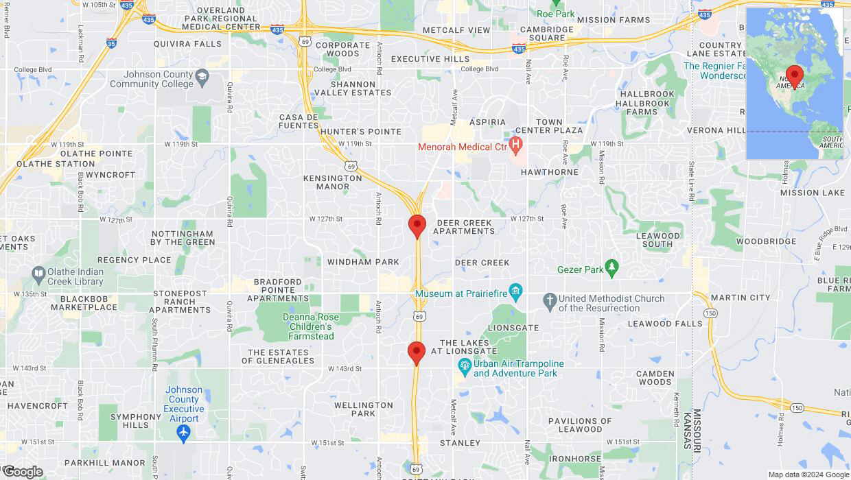 A detailed map that shows the affected road due to 'Lane on US-69 closed in Overland Park' on July 27th at 6:27 p.m.