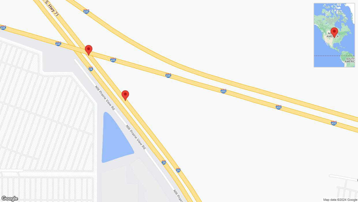 A detailed map that shows the affected road due to 'Crash reported on northbound I-29 in Kansas City' on July 27th at 6:51 p.m.