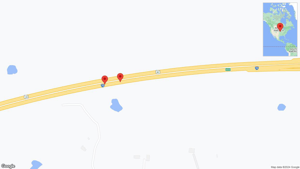 A detailed map that shows the affected road due to 'Broken down vehicle on eastbound I-70 in Bonner Springs' on July 28th at 1:47 p.m.