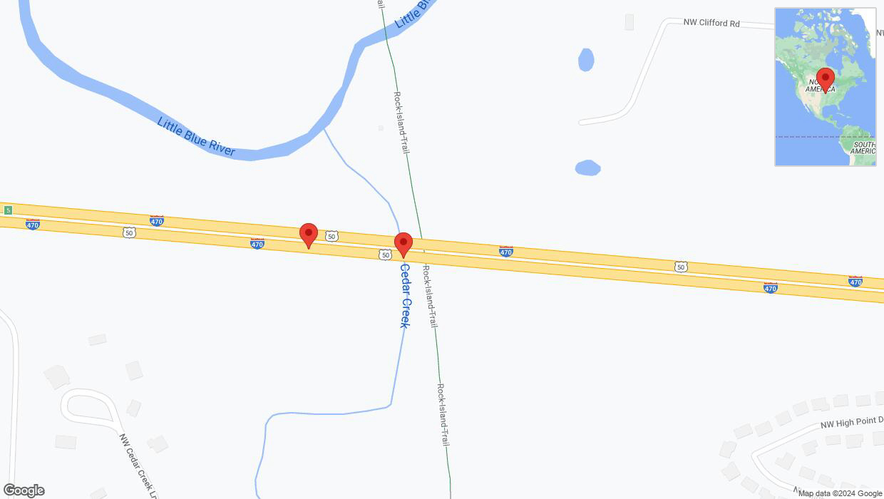 A detailed map that shows the affected road due to 'Broken down vehicle on eastbound I-470 in Lee's Summit' on July 28th at 5:41 p.m.