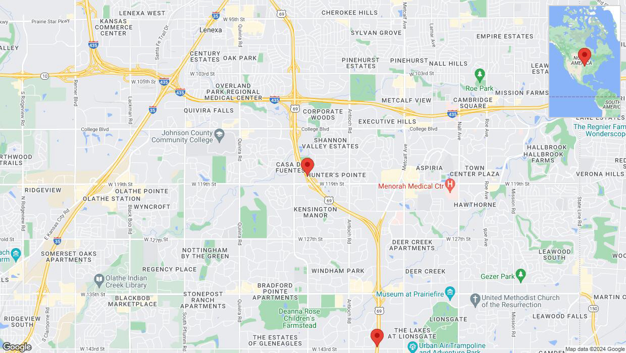 A detailed map that shows the affected road due to 'Lane on US-69 closed in Overland Park' on July 28th at 5:29 p.m.