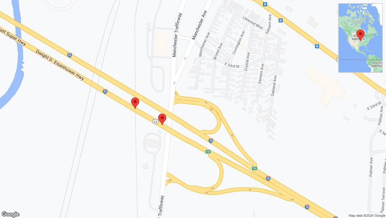 A detailed map that shows the affected road due to 'Broken down vehicle on eastbound I-70 in Kansas City' on July 28th at 9:47 p.m.