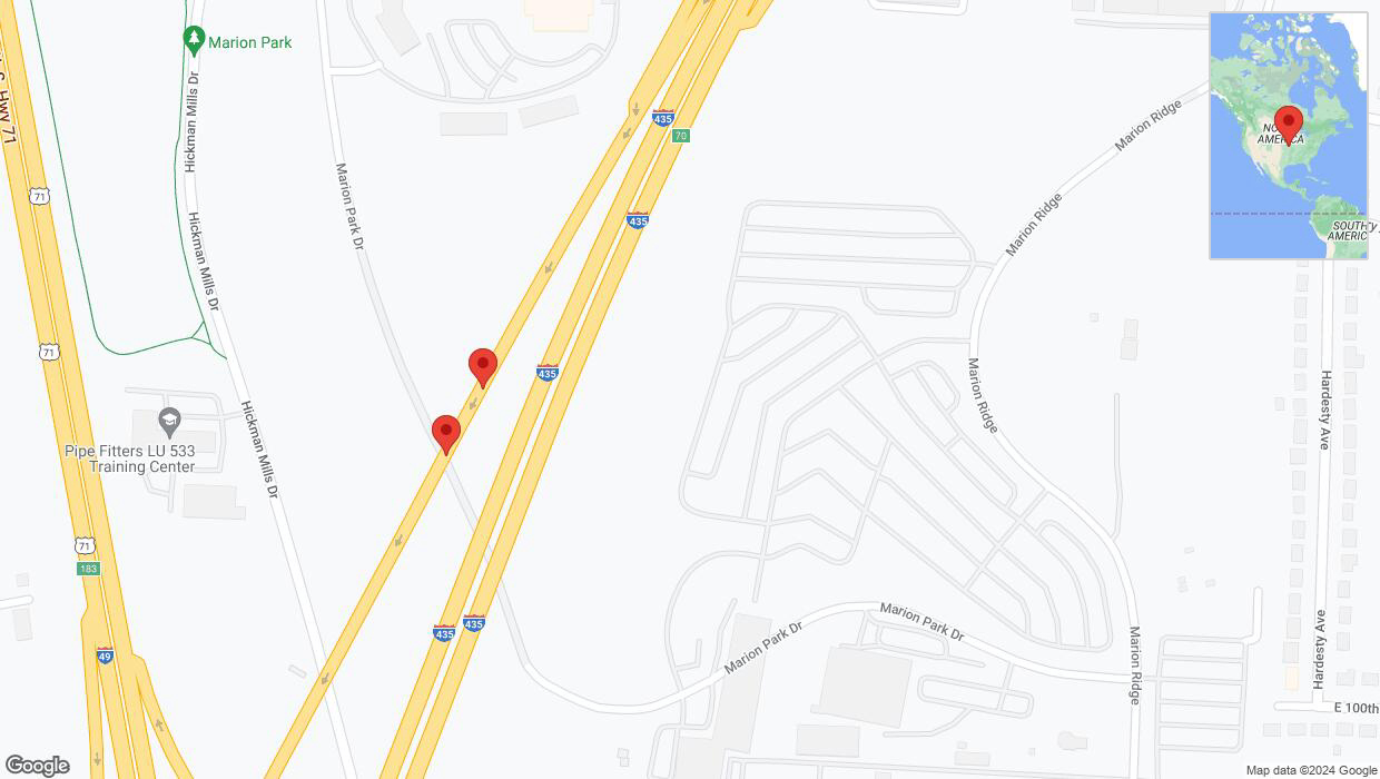 A detailed map that shows the affected road due to 'Broken down vehicle on Marion Park Drive in Kansas City' on July 28th at 11:52 p.m.