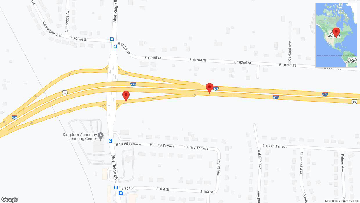 A detailed map that shows the affected road due to 'Broken down vehicle on Blue Ridge Boulevard in Kansas City' on July 30th at 6:34 p.m.