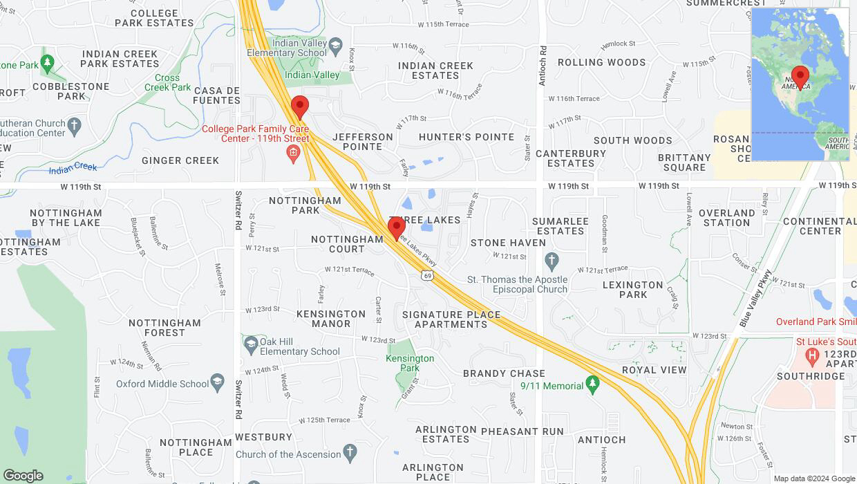 A detailed map that shows the affected road due to 'US-69 North closed in Overland Park until Oct. 28' on July 31st at 12:10 p.m.