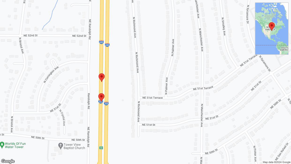 A detailed map that shows the affected road due to 'Broken down vehicle on southbound I-435 in Kansas City' on July 29th at 1:28 p.m.
