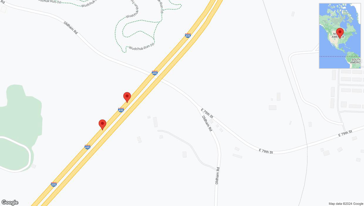 A detailed map that shows the affected road due to 'Broken down vehicle on southbound I-435 in Kansas City' on July 29th at 2:58 p.m.