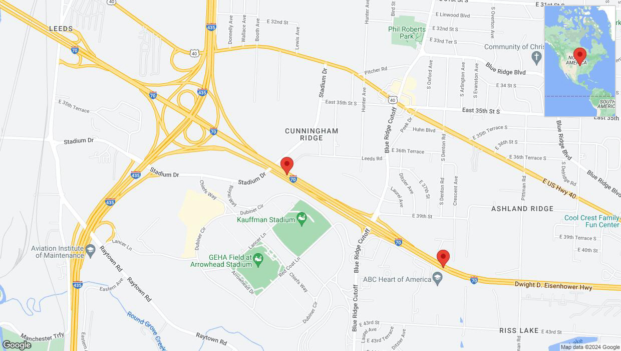 A detailed map that shows the affected road due to 'Warning in Kansas City: Crash reported on eastbound I-70' on July 29th at 3:40 p.m.