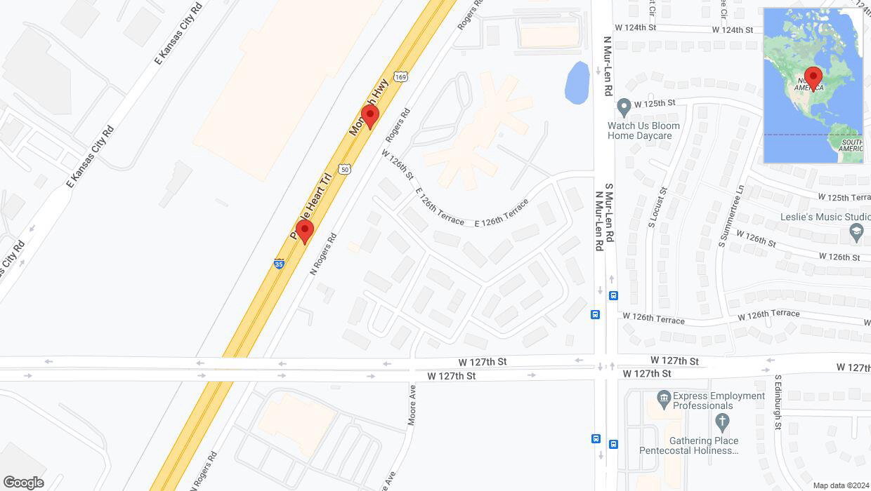 A detailed map that shows the affected road due to 'Broken down vehicle on eastbound I-35 in Olathe' on July 29th at 5:04 p.m.