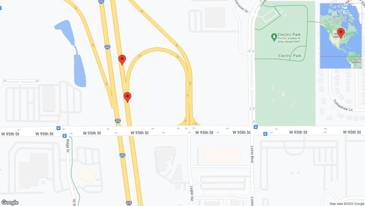 A detailed map that shows the affected road due to 'Broken down vehicle on northbound I-435 in Lenexa' on July 29th at 4:58 p.m.
