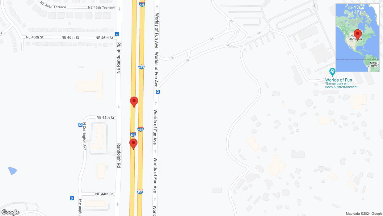 A detailed map that shows the affected road due to 'Warning in Kansas City: Crash reported on southbound I-435' on July 29th at 6:04 p.m.