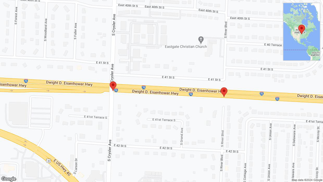 A detailed map that shows the affected road due to 'Broken down vehicle on eastbound I-70 in Independence' on July 29th at 8:40 p.m.