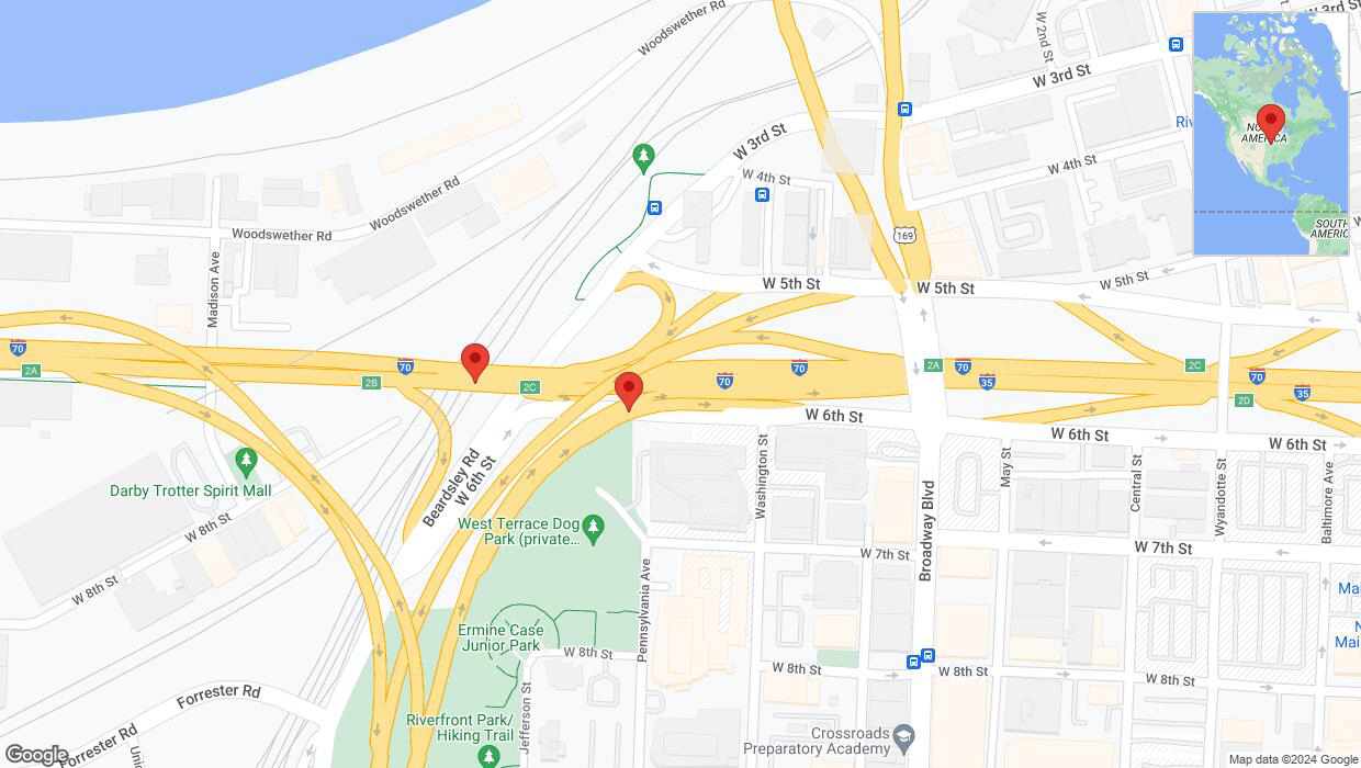 A detailed map that shows the affected road due to 'US-169 North: bridge closed between exit 2C and West Sixth Street' on July 29th at 9:40 p.m.