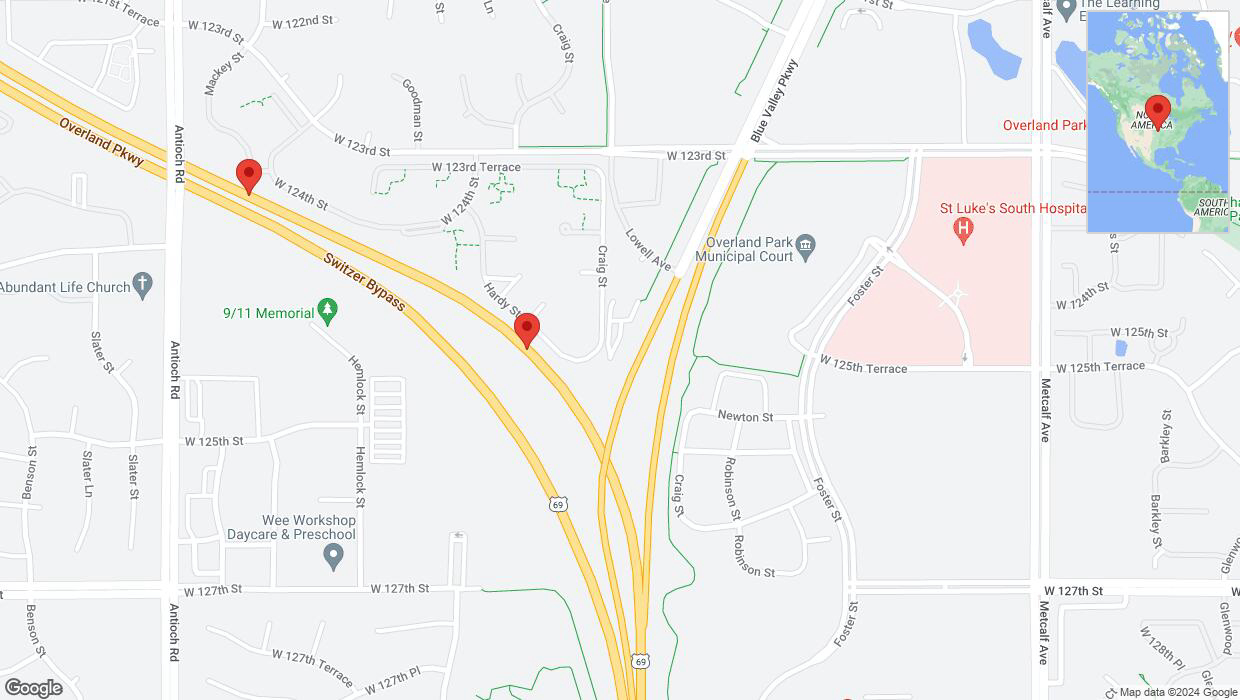 A detailed map that shows the affected road due to 'US-69 temporarily closed in Overland Park' on July 29th at 11:40 p.m.