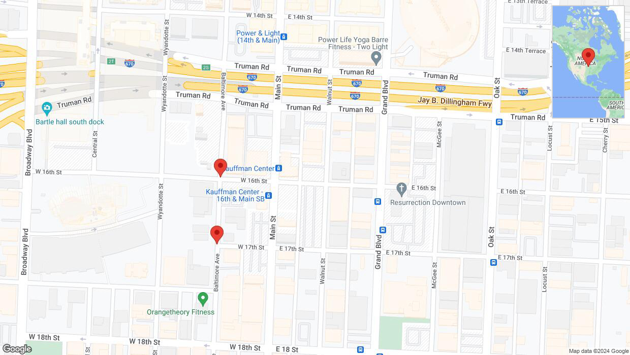A detailed map that shows the affected road due to 'Baltimore Avenue temporarily closed in Kansas City' on July 30th at 12:10 p.m.