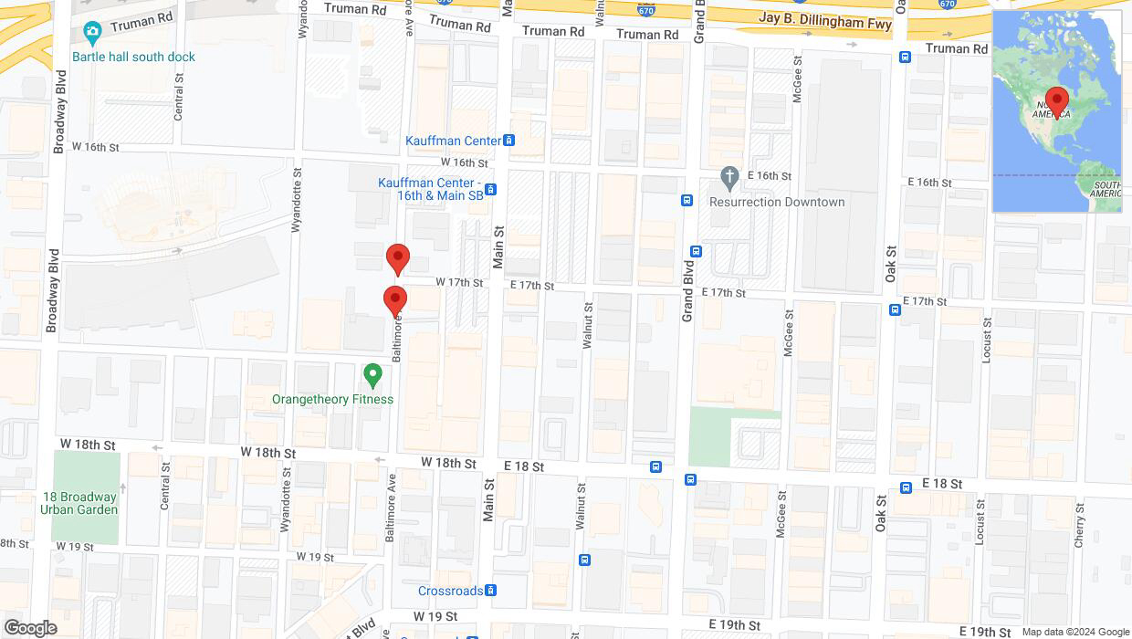 A detailed map that shows the affected road due to 'West Baltimore Avenue closed in Kansas City' on July 30th at 1:10 p.m.