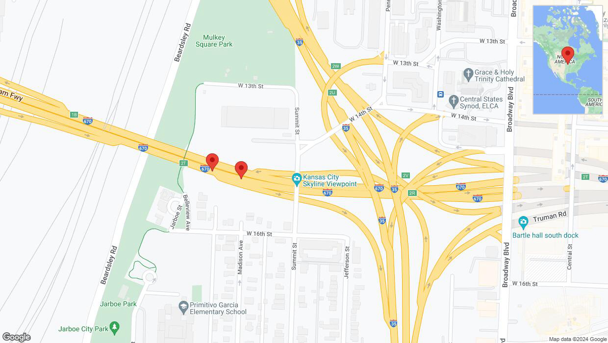 A detailed map that shows the affected road due to 'Broken down vehicle on eastbound I-670 in Kansas City' on July 30th at 1:34 p.m.