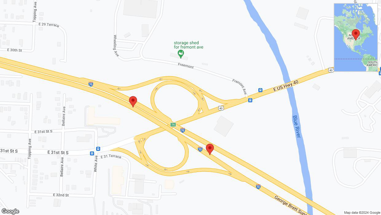 A detailed map that shows the affected road due to 'Broken down vehicle on eastbound I-70 in Kansas City' on July 30th at 2:28 p.m.