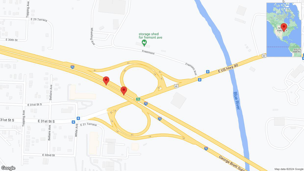 A detailed map that shows the affected road due to 'Broken down vehicle on eastbound I-70 in Kansas City' on July 30th at 2:34 p.m.