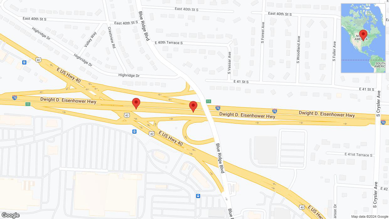 A detailed map that shows the affected road due to 'Broken down vehicle on eastbound I-70 in Independence' on July 30th at 2:40 p.m.