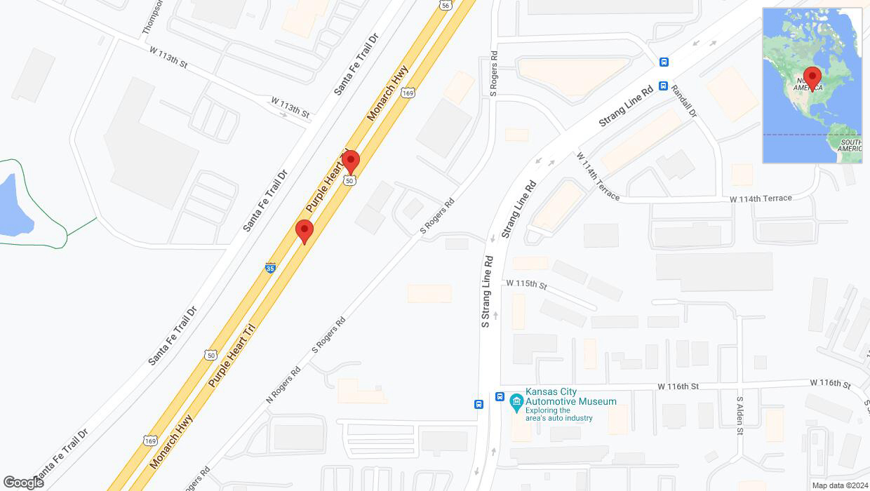 A detailed map that shows the affected road due to 'Broken down vehicle on eastbound I-35 in Olathe' on July 30th at 3:22 p.m.