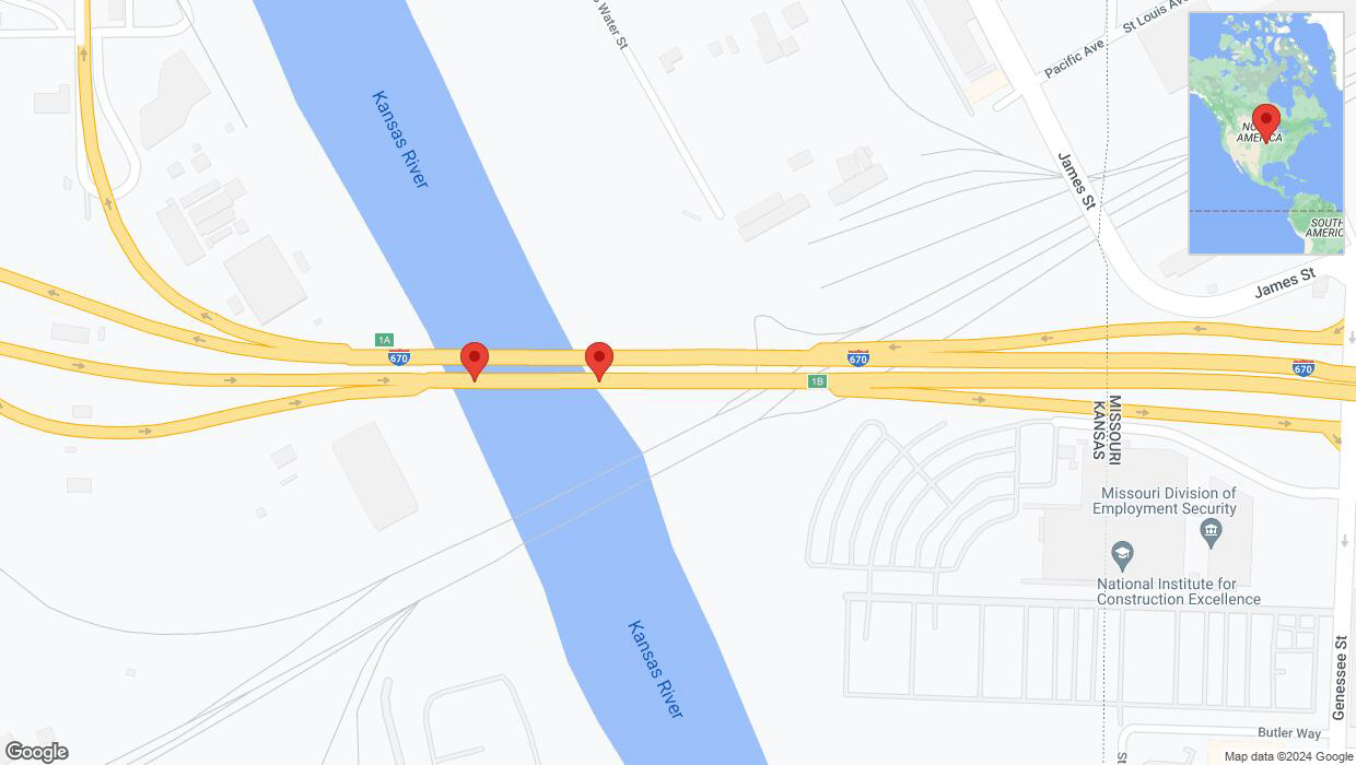 A detailed map that shows the affected road due to 'Broken down vehicle on eastbound I-670 in Kansas City' on July 30th at 4:10 p.m.
