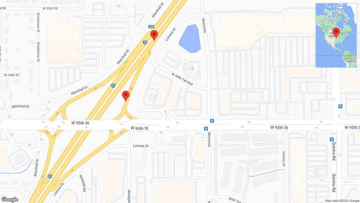 A detailed map that shows the affected road due to 'Broken down vehicle on Lenexa Drive in Lenexa' on July 30th at 5:04 p.m.