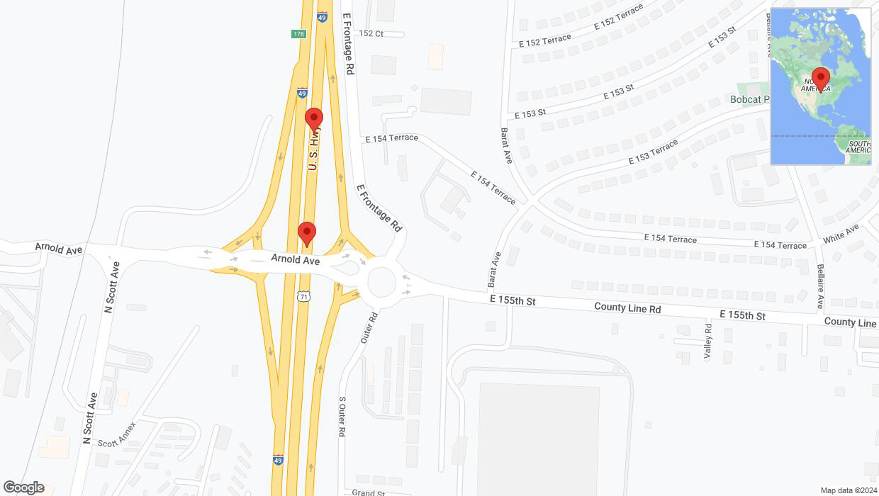 A detailed map that shows the affected road due to 'Warning: Crash on northbound I-40/US-71 in Grandview' on July 30th at 4:40 p.m.