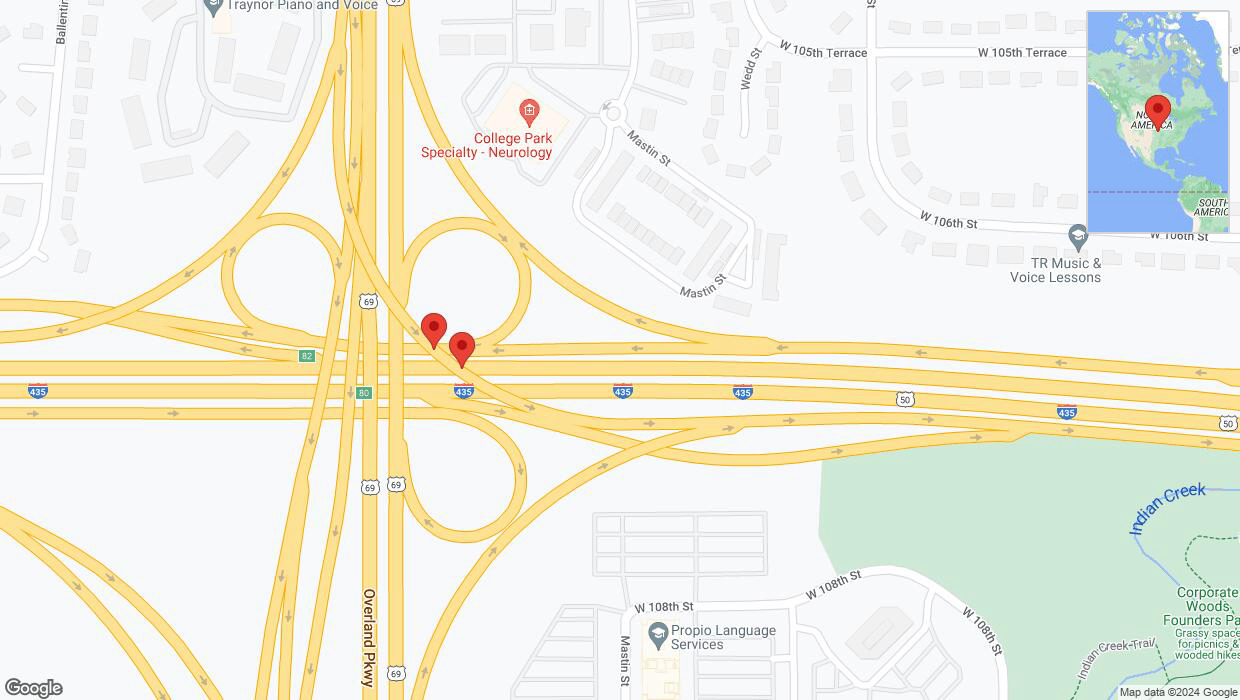 A detailed map that shows the affected road due to 'Broken down vehicle on U.S. 50 in Overland Park' on July 30th at 5:04 p.m.