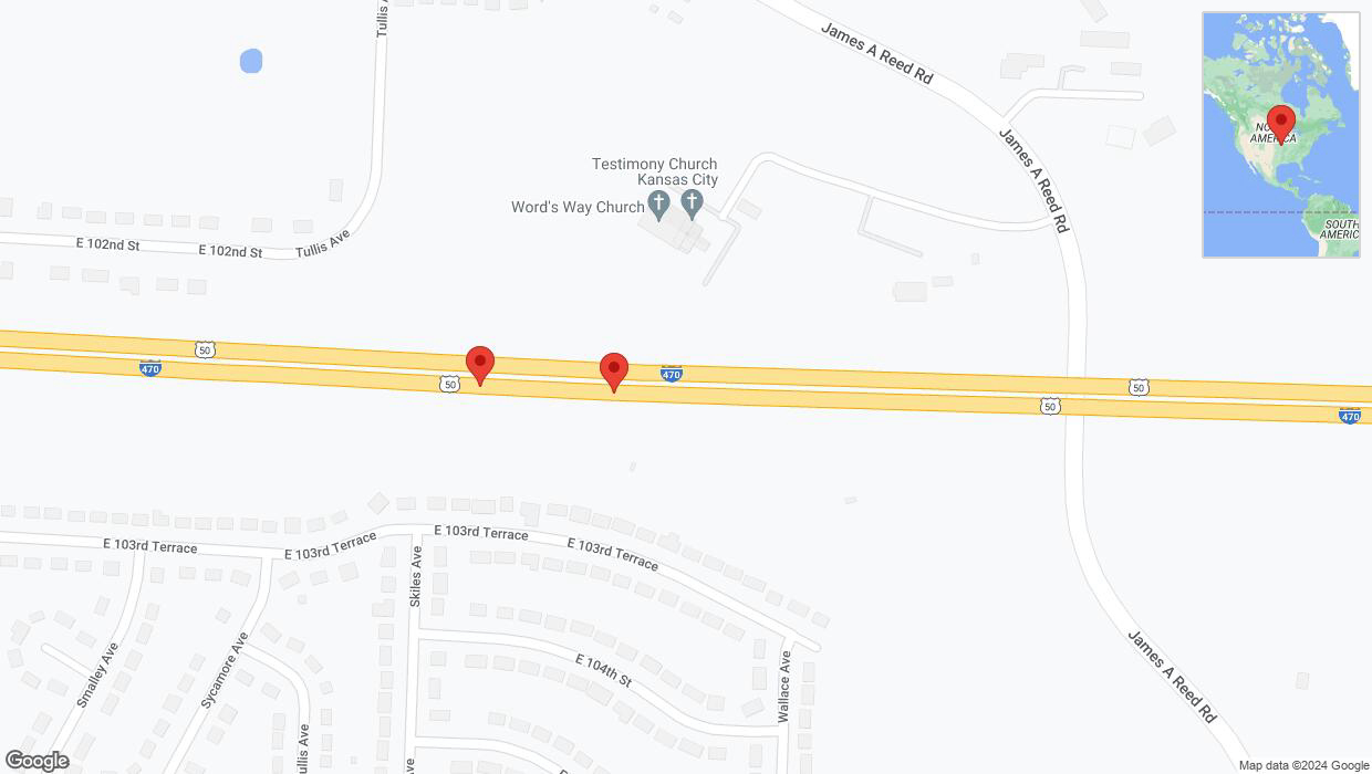 A detailed map that shows the affected road due to 'Crash reported on eastbound I-470 in Kansas City' on July 30th at 5:34 p.m.