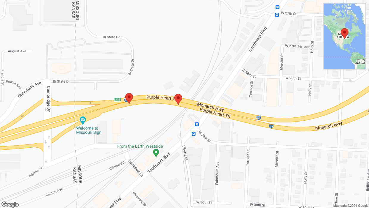 A detailed map that shows the affected road due to 'Broken down vehicle on northbound I-35 in Kansas City' on July 30th at 5:58 p.m.
