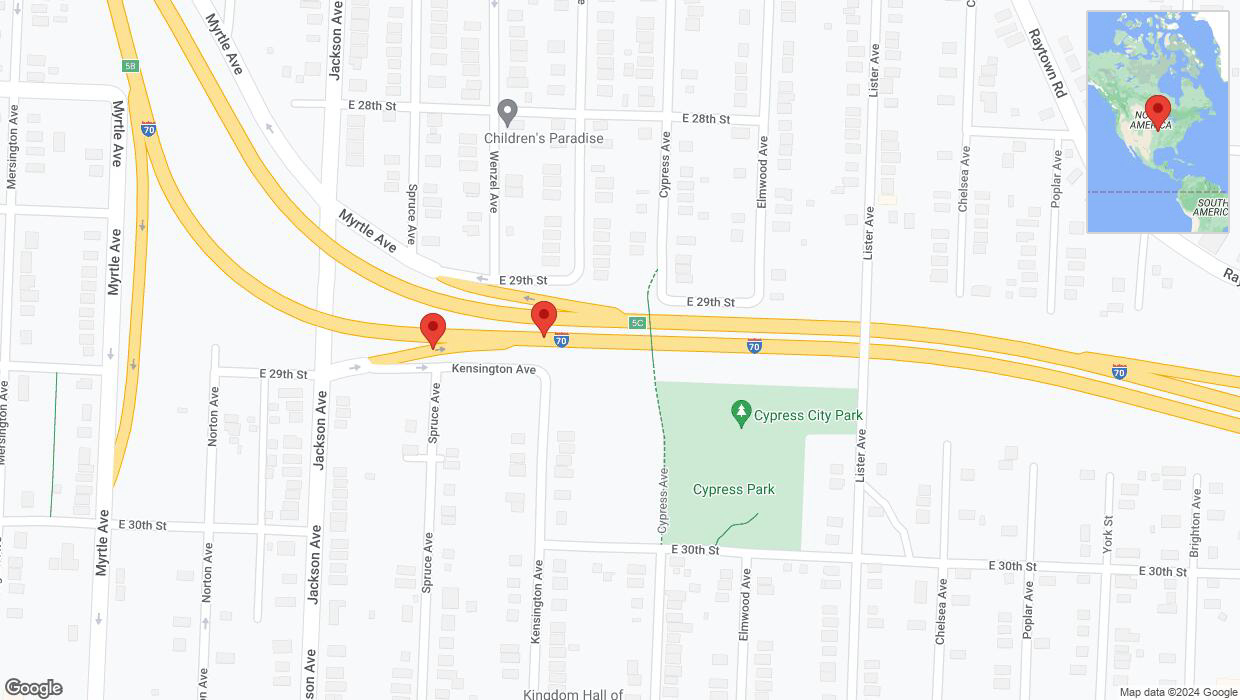 A detailed map that shows the affected road due to 'Broken down vehicle on Spruce Avenue in Kansas City' on July 30th at 6:22 p.m.