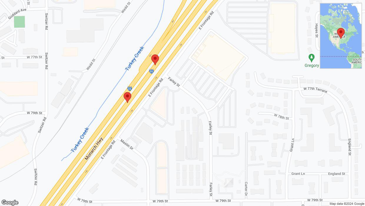 A detailed map that shows the affected road due to 'Broken down vehicle on eastbound I-35 in Overland Park' on July 30th at 7:22 p.m.