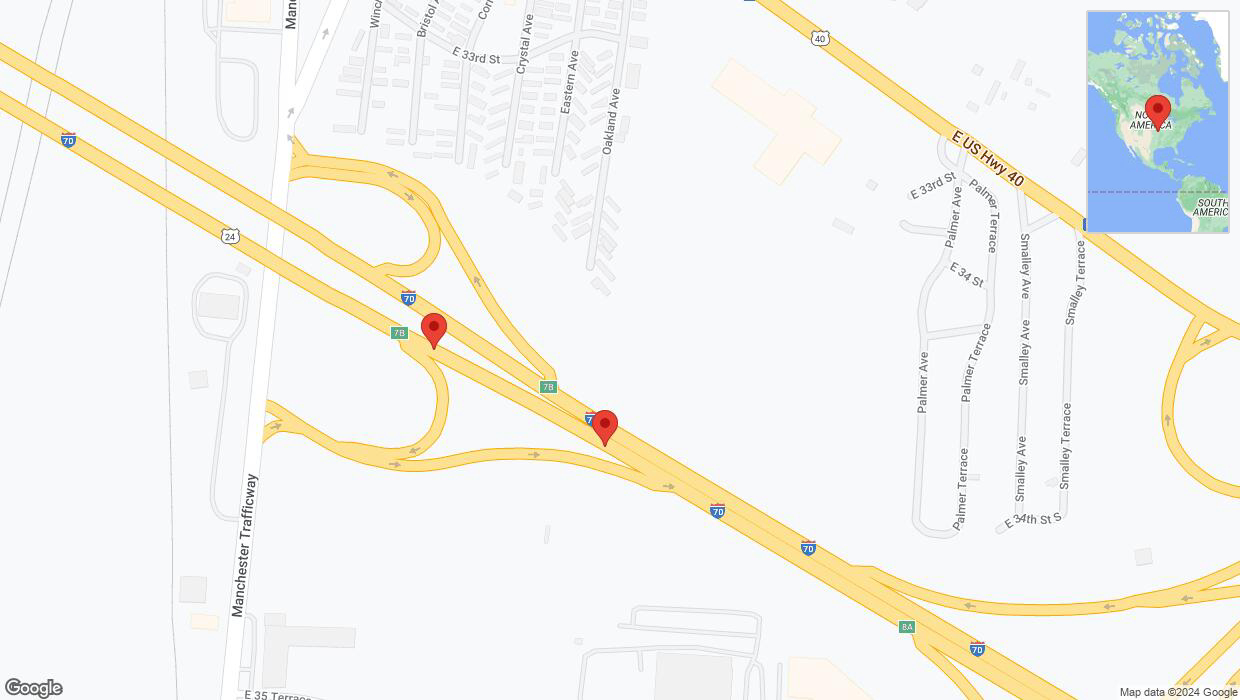 A detailed map that shows the affected road due to 'Broken down vehicle on eastbound I-70 in Kansas City' on July 30th at 7:34 p.m.