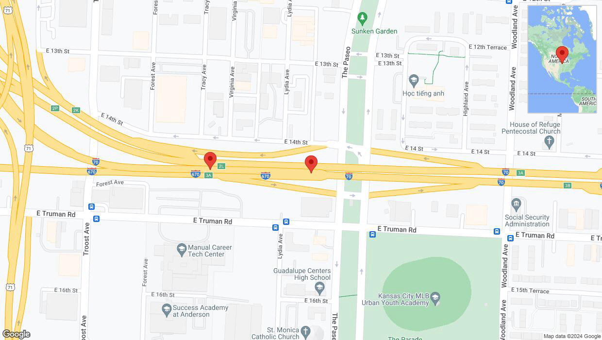 A detailed map that shows the affected road due to 'Broken down vehicle on eastbound I-70 in Kansas City' on July 30th at 6:46 p.m.