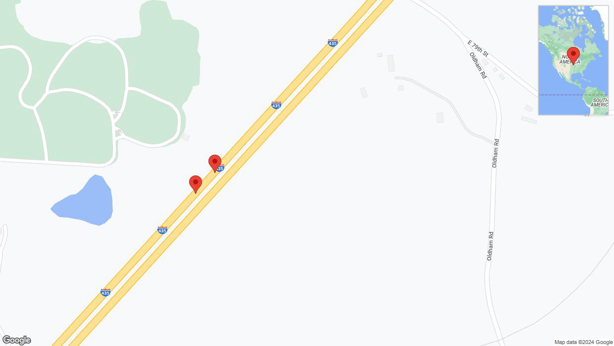 A detailed map that shows the affected road due to 'Broken down vehicle on southbound I-435 in Kansas City' on July 30th at 6:58 p.m.