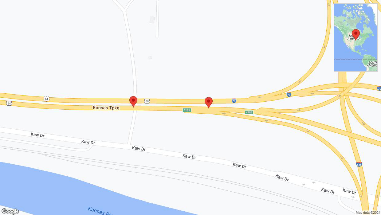 A detailed map that shows the affected road due to 'Broken down vehicle on eastbound I-70 in Kansas City' on July 30th at 8:10 p.m.