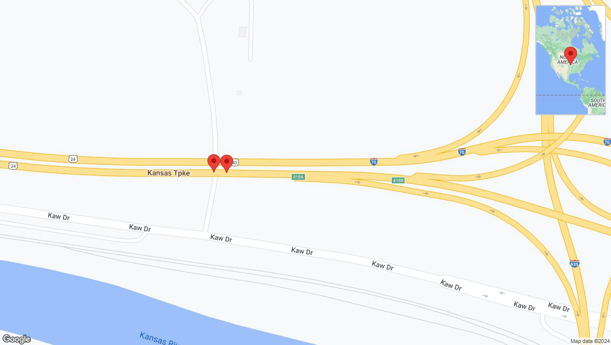 A detailed map that shows the affected road due to 'Broken down vehicle on eastbound I-70 in Kansas City' on July 30th at 8:34 p.m.
