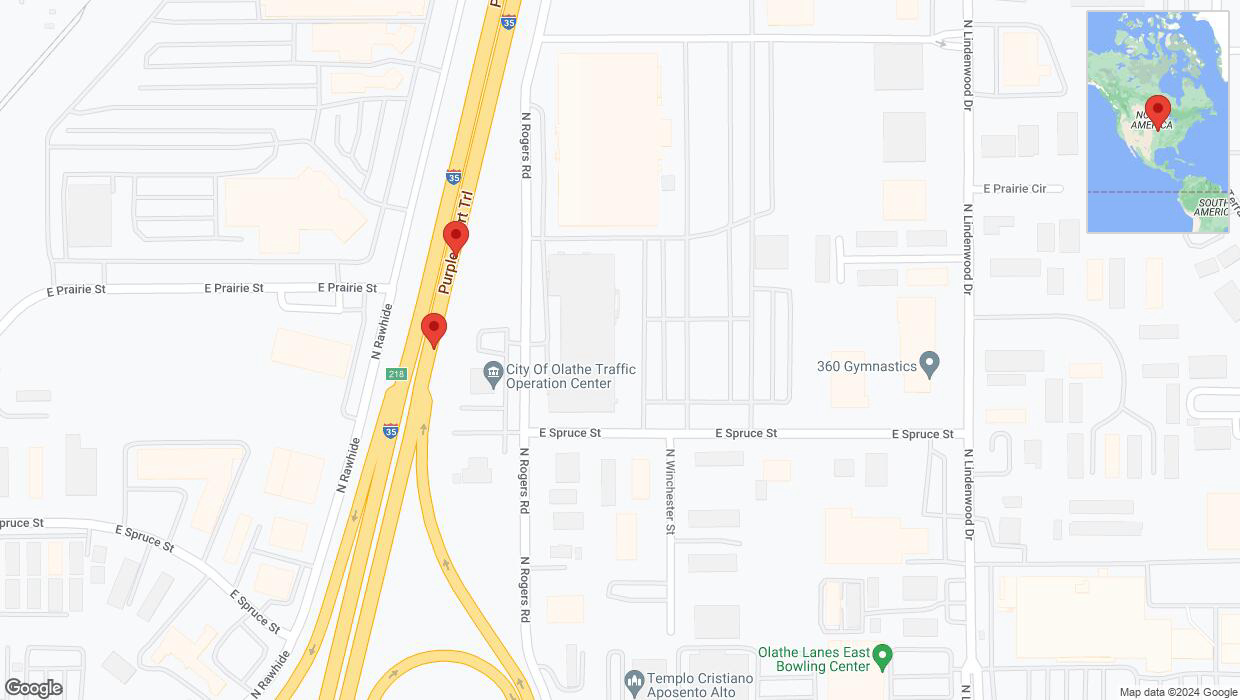 A detailed map that shows the affected road due to 'Broken down vehicle on eastbound I-35 in Olathe' on July 30th at 8:52 p.m.
