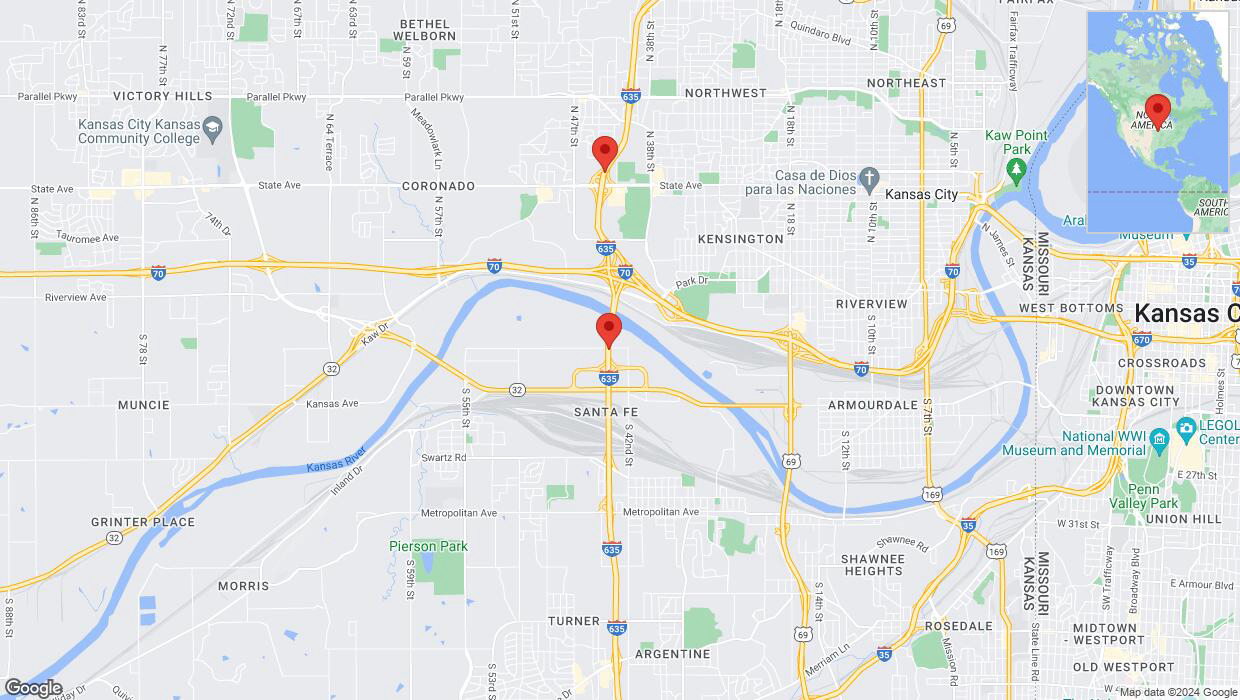 A detailed map that shows the affected road due to 'Lane on I-635 closed in Kansas City' on July 30th at 11:28 p.m.
