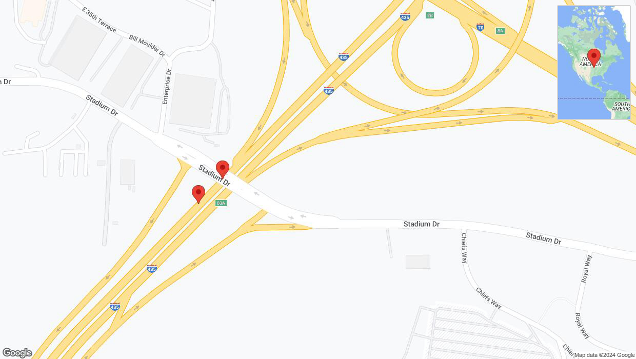 A detailed map that shows the affected road due to 'Broken down vehicle on southbound I-435 in Kansas City' on July 30th at 11:46 p.m.