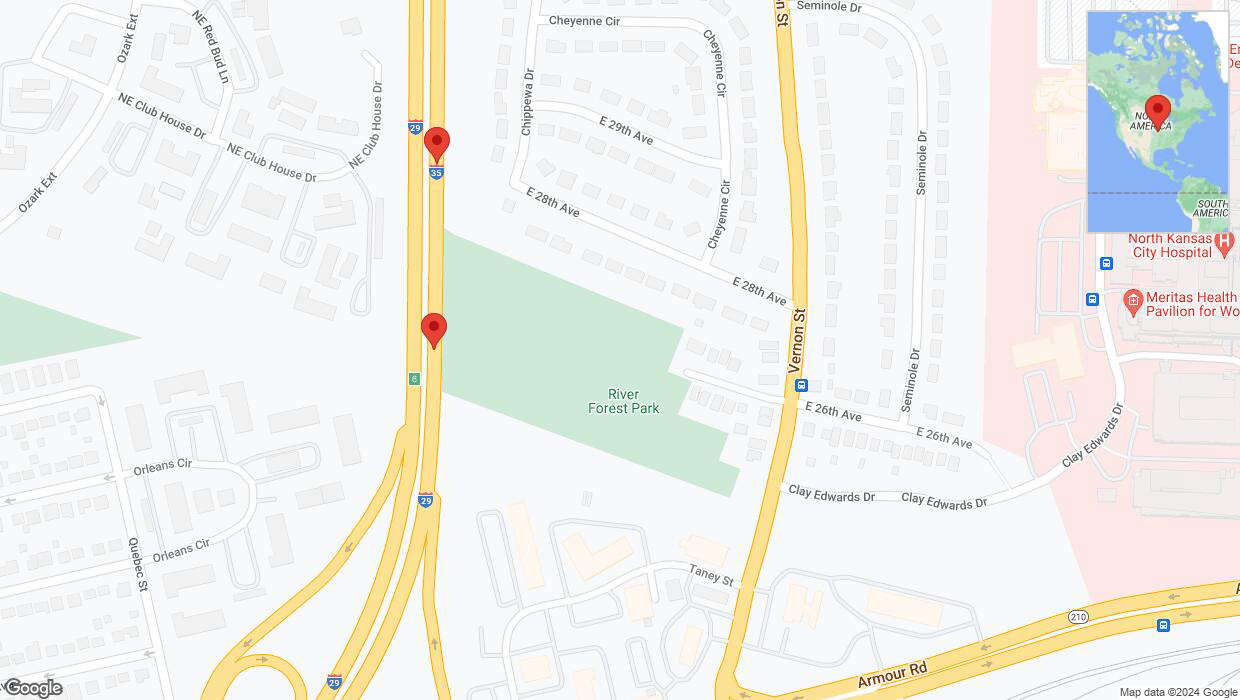 A detailed map that shows the affected road due to 'Broken down vehicle on northbound I-29/I-35 in North Kansas City' on July 31st at 12:28 p.m.