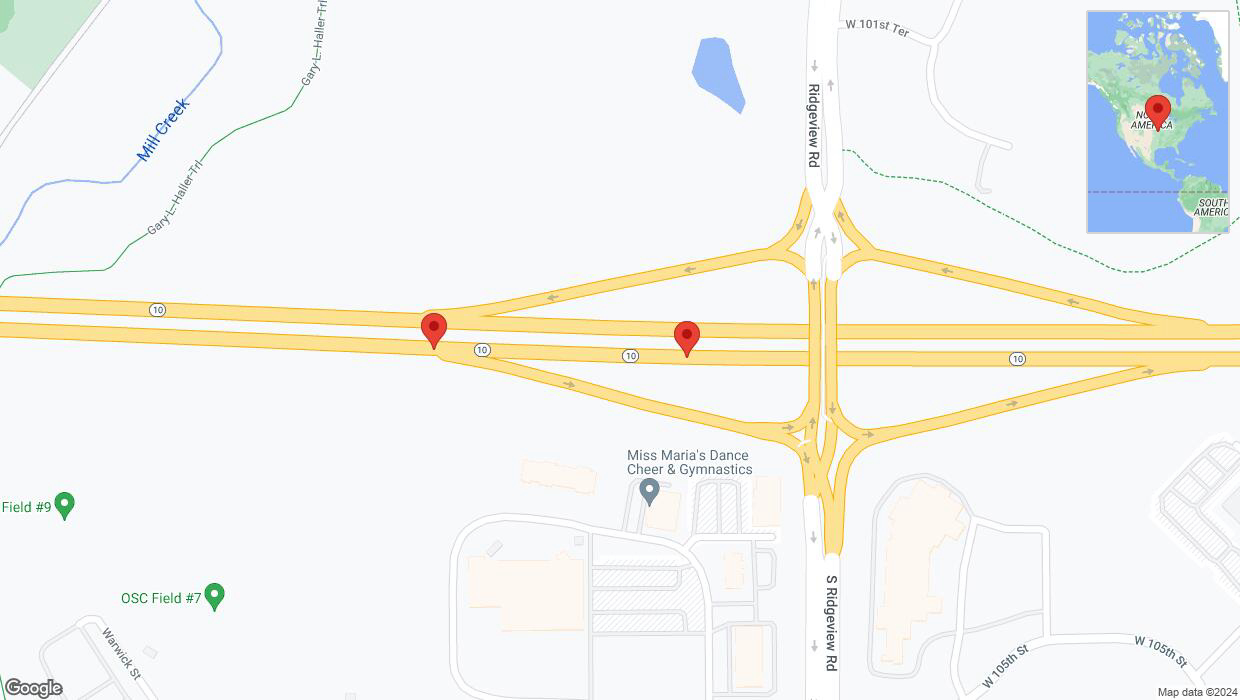 A detailed map that shows the affected road due to 'Broken down vehicle on eastbound K-10 in Olathe' on July 31st at 12:36 p.m.